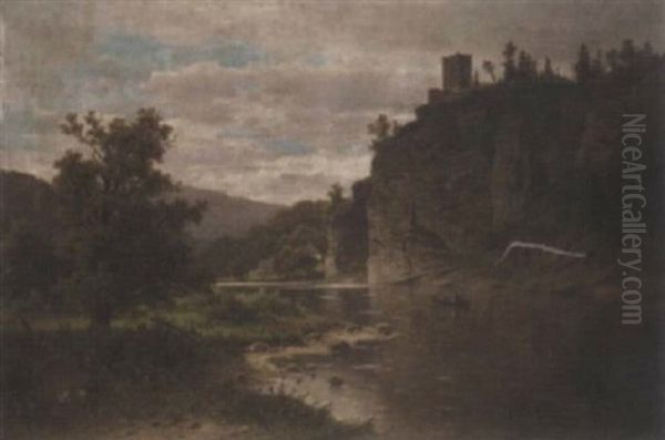 The Raven Tower Near Frain On The River Thaya, Lower Austria Oil Painting by Adolf Chwala