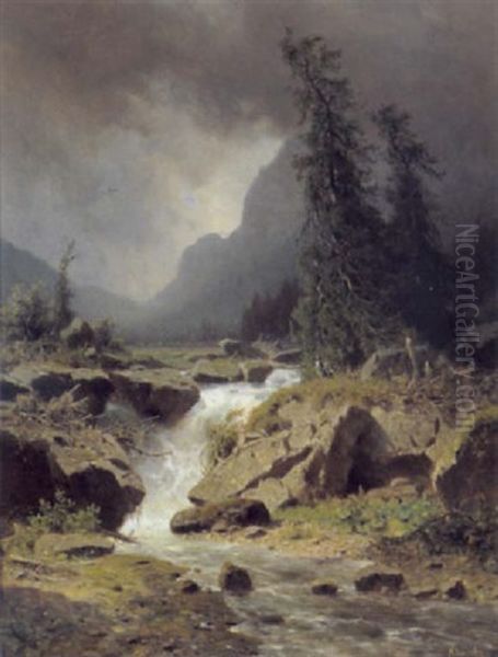 Gewitterstimmung In Landschaft Mit Wasserfall Oil Painting by Adolf Chwala