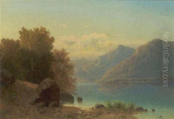 Sommerlandskab Med Robad Pa En Bjergso Oil Painting by Adolf Chwala