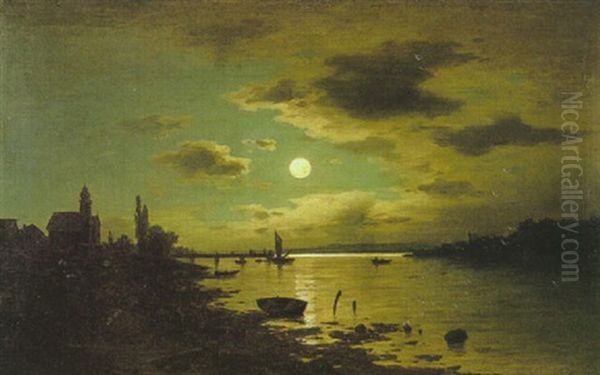 Flusslandschaft Bei Mondlicht (schelde) Oil Painting by Adolf Chwala