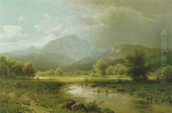 Gebirgstal Mit Kuhen An Der Tranke In Seichtem Wasser Eines Teiches Oil Painting by Adolf Chwala