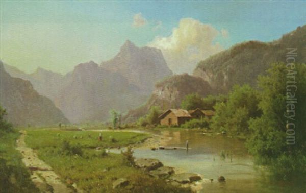 Gebirgstal Mit Bauernhutten Am Flusufer Rechts, Links Auf Der Wiese Eine Bauerin Oil Painting by Adolf Chwala