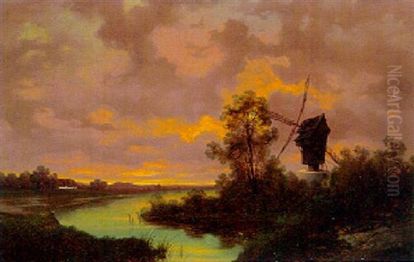 A River Landscape With A Ferry And A Windmill Oil Painting by Adolf Chwala