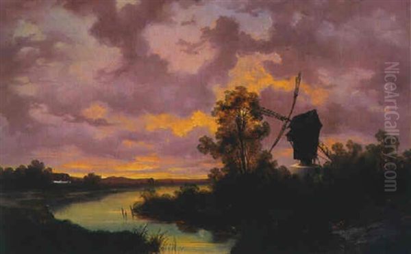 Abendliche Fluslandschaft Mit Windmuhle Oil Painting by Adolf Chwala