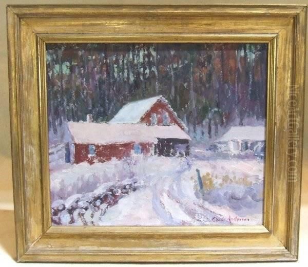 On Board Snow Scene Of Ahouse In The Woods Oil Painting by Oscar Anderson