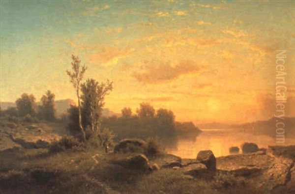 Klippelandskab Med Solnedgang Over En S+ Oil Painting by Adolf Chwala