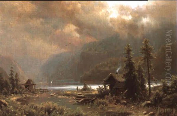 Fischerhutte Am Bergsee Oil Painting by Adolf Chwala