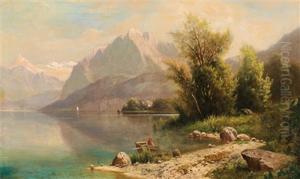 Fisherman On Lake Zell Oil Painting by Fritz Chwala