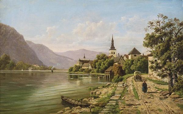 Dorf An Einem Alpensee Mit Figurenstaffage Oil Painting by Fritz Chwala