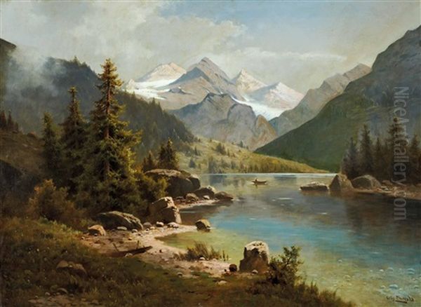 Alpensee Mit Fischerboot Oil Painting by Fritz Chwala