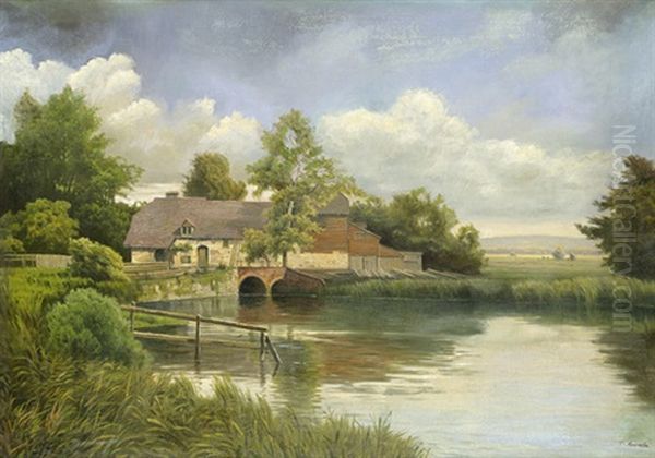 Sommerliche Landschaft Mit Gehoft An Einem See Oil Painting by Fritz Chwala