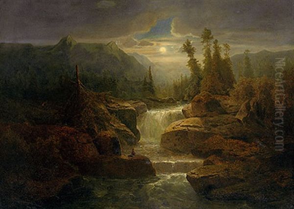 Romantische Gebirgslandschaft Mit Wildbach Bei Vollmond Oil Painting by Fritz Chwala