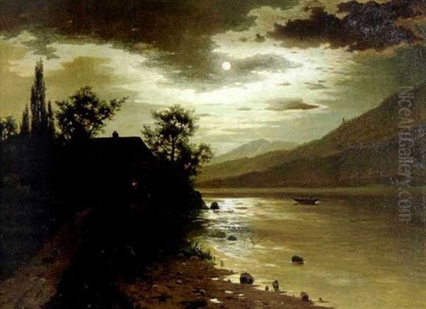 Moonlit Lake And Cottage Oil Painting by Fritz Chwala