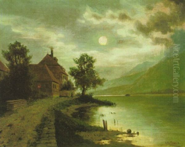 Mondnacht Bei Marbach An Der Donau Oil Painting by Fritz Chwala