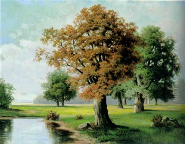 Sommerliche Landschaft Mit Ausladenden Baumen Im Sonnigen Licht Oil Painting by Fritz Chwala