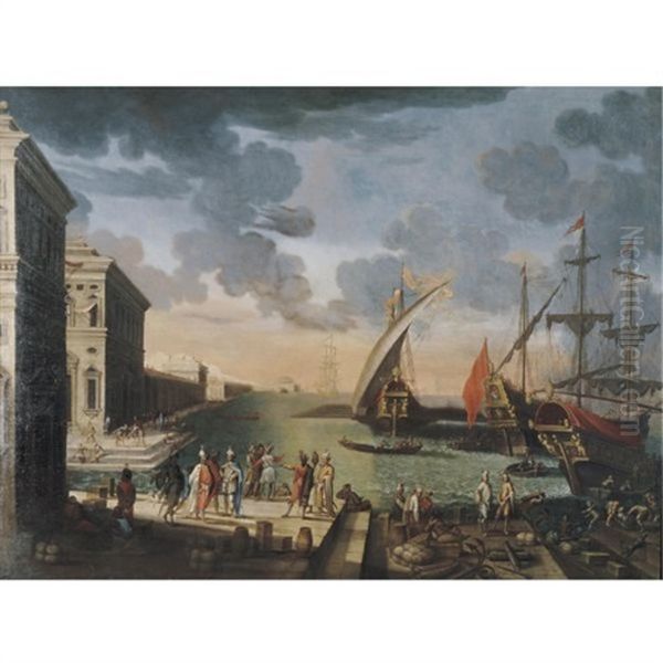 Seaport With Figures Oil Painting by Pietro Ciafferi (Smargiasso)