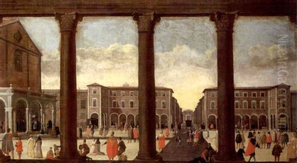 An Architectural Capriccio Of A Crowded Piazza With An Ecclesiastical Procession Leaving A Church Oil Painting by Pietro Ciafferi (Smargiasso)