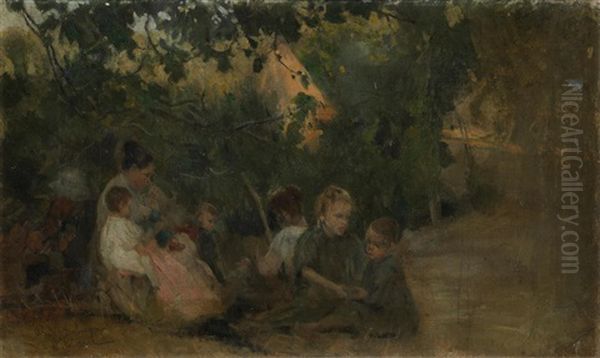 Children Playing Oil Painting by Cesare Ciani