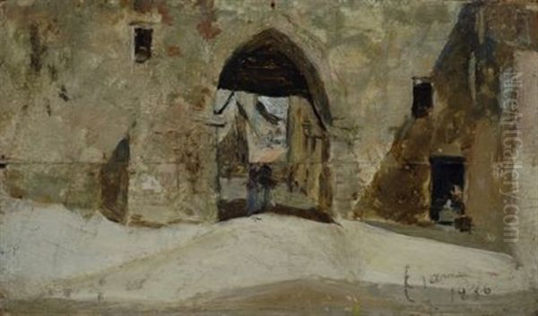 Scorcio Di Paese Con Arco Oil Painting by Cesare Ciani