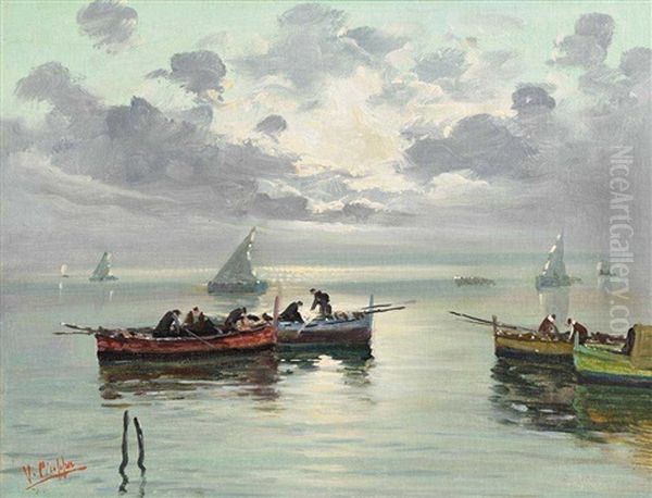 Fishermen Off The Amalfi Coast Oil Painting by Vincenzo Ciappa