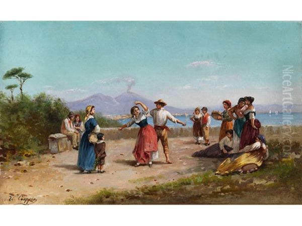 Tarantella Tanzendes Paar Am Golf Von Neapel, Von Zuschauern Und Tambourinspielerinnen Umgeben Oil Painting by Vincenzo Ciappa