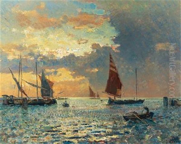 Fishing Boats In The Lagoon Oil Painting by Beppe Ciardi