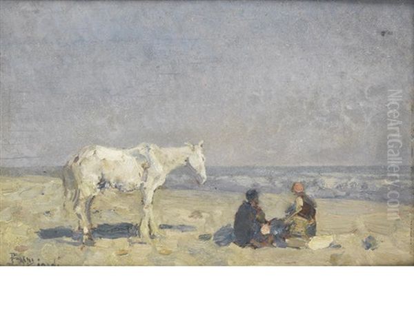 Figures And A Horse On The Beach Oil Painting by Beppe Ciardi