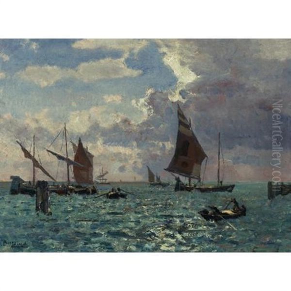 Boats In The Wind Of A Venetian Lagoon Oil Painting by Beppe Ciardi