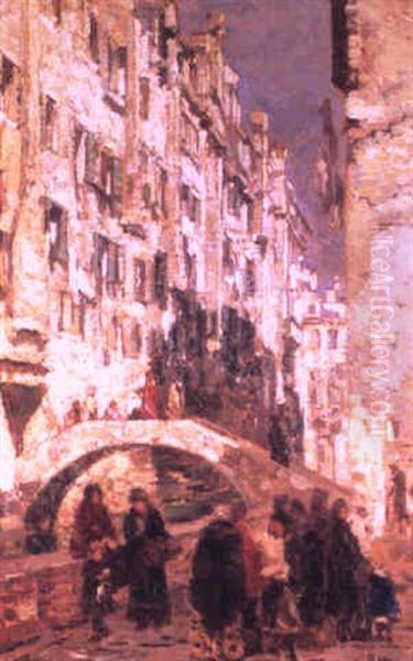 Figures Gathered Along A Venetian Side Canal Oil Painting by Beppe Ciardi