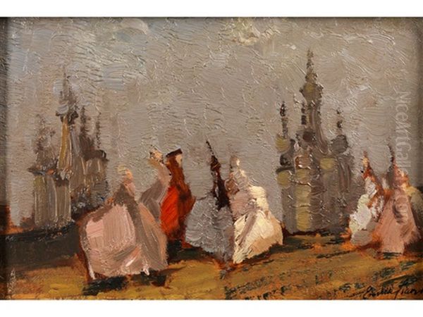 Venezianische Maskentrager Vor Der Stadtsilhouette Von Venedig Oil Painting by Emma Ciardi