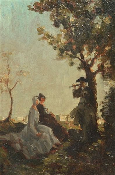 A Courting Couple Seated Beneath A Tree Entertained By A Flautist Oil Painting by Emma Ciardi