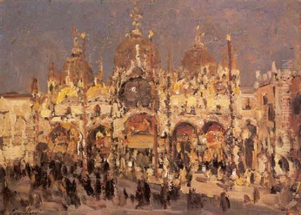 Venezia, Piazza San Marco - Chiesa Al Tramonto Oil Painting by Emma Ciardi