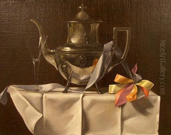 Still Life Featuring Silver Teapot Oil Painting by Ronald Anderson