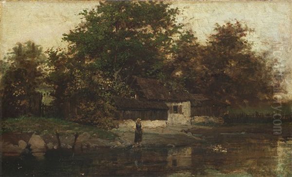 La Casa Sul Fiume Oil Painting by Guglielmo Ciardi