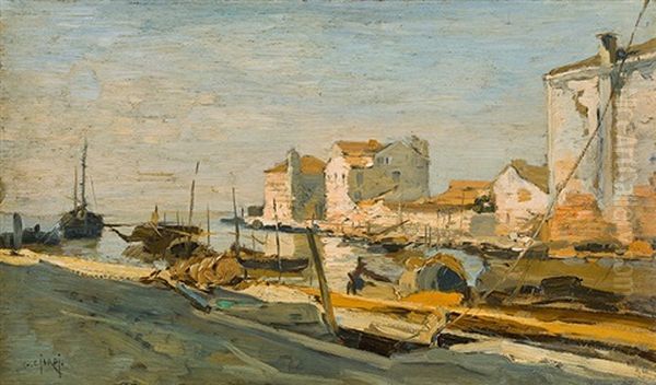 View Of Mazzorbo's Harbour In The Lagoon Of Venice Oil Painting by Guglielmo Ciardi