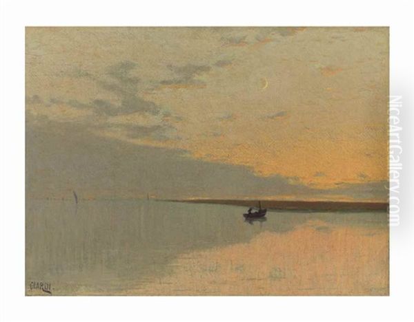 View Of The Venetian Lagoon At Sunset Oil Painting by Guglielmo Ciardi