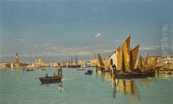 A View Of St Marks Basin With The Punta Della Dogana Oil Painting by Guglielmo Ciardi