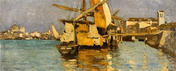 A Sailing Boat On The Canale Della Giudecca Oil Painting by Guglielmo Ciardi