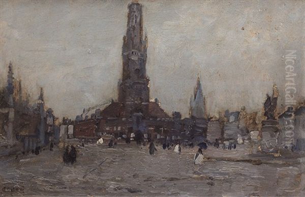 Bruges (piazza) Oil Painting by Guglielmo Ciardi