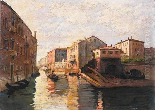 On A Venetian Canal Oil Painting by Guglielmo Ciardi