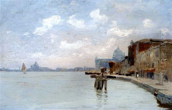 Venedig - La Giudecca Mit Der Kirche San Giorgio Maggiore, Im Hintergrund Die Silhouette Von Venedig Oil Painting by Guglielmo Ciardi