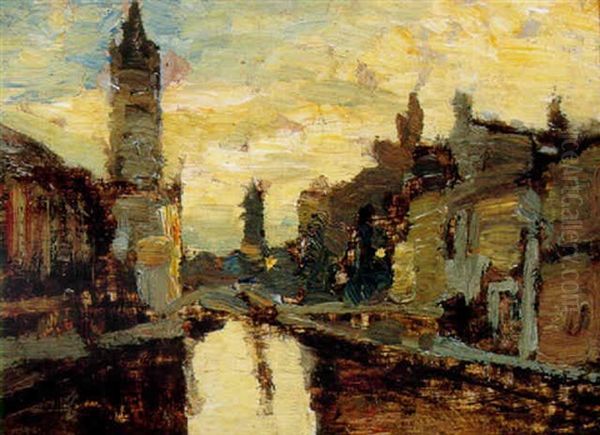 A Venetian Canal At Sunset Oil Painting by Guglielmo Ciardi