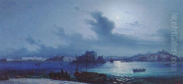 Valetta Harbour By Moonlight, Malta Oil Painting by Guglielmo Ciardi