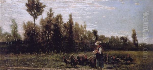 Minding The Turkeys Oil Painting by Guglielmo Ciardi