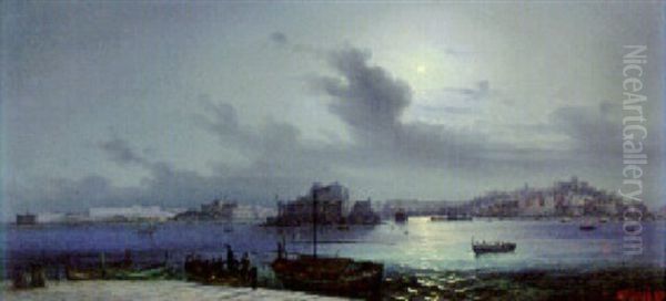 Valetta Harbour, Malta, By Moonlight Oil Painting by Guglielmo Ciardi