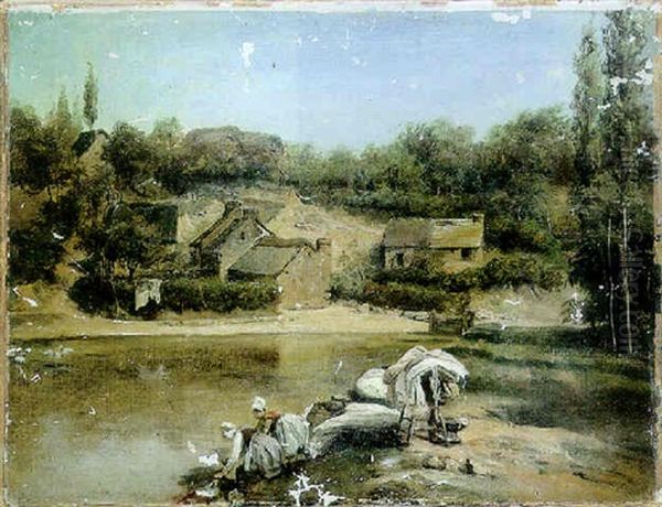 Les Lavandieres, Bord De La Rance Oil Painting by Francois-Edouard Cibot