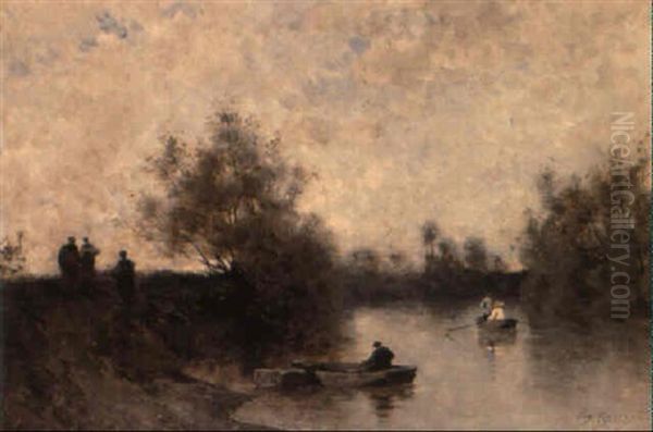 Figures By A River Oil Painting by Ernest Ciceri