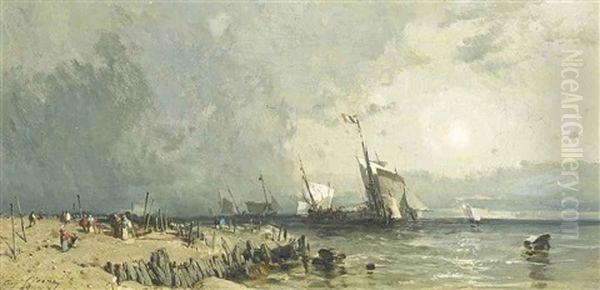 Fishing Vessels By The Coast Oil Painting by Eugene Ciceri