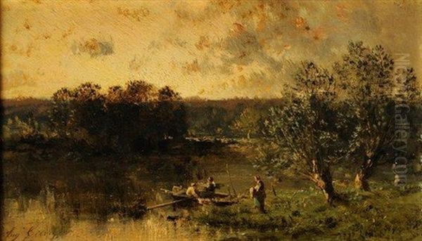 Pecheurs Sous Les Saules A L'ile D'aligre Oil Painting by Eugene Ciceri