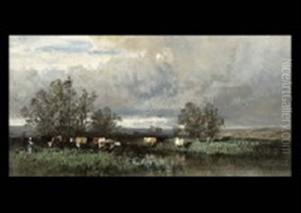 Troupeau Au Bord D'un Etang Oil Painting by Eugene Ciceri